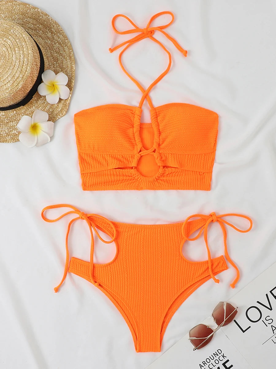 2025 Sexy High Wasited Swimsuit Women Solid Bikini Hollow Out Cross Swimwear Female Bathers Bathing Swimming Swim Suit Beachwear