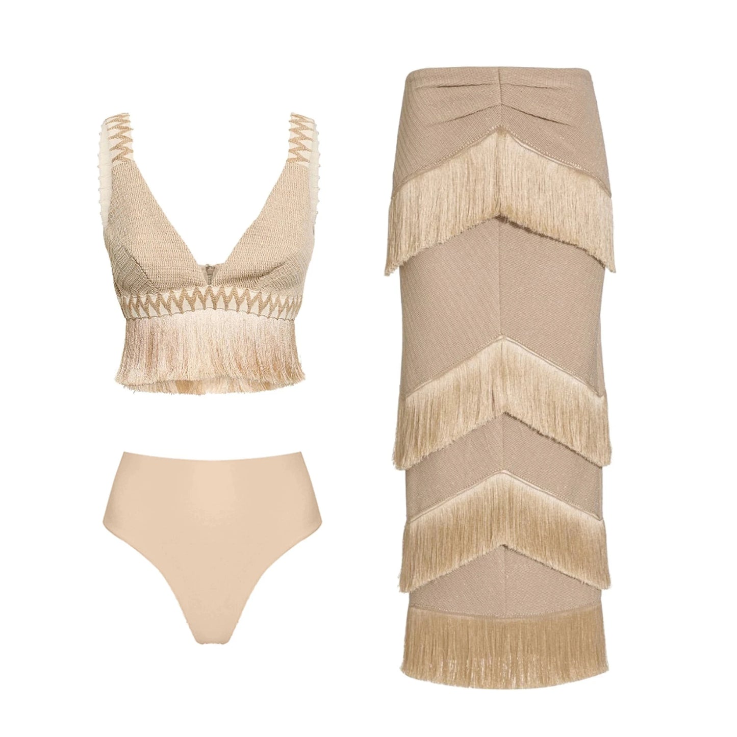 2025 V Neck Fringe Trim Bikini Swimsuit High Waist Swimwear with Skirt for Women Halter Bathing Suits Print Summer Female