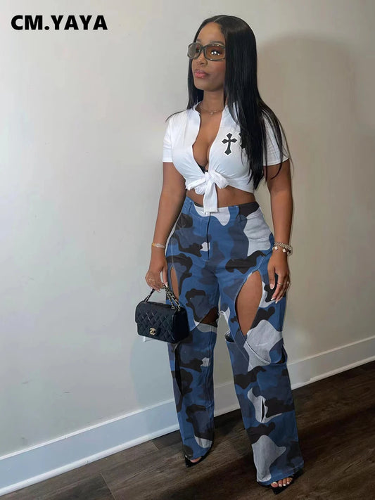 CM.YAYA Fashion women camouflage cutout cross criss straight cargo pants 2023 autumn winter safari style trousers