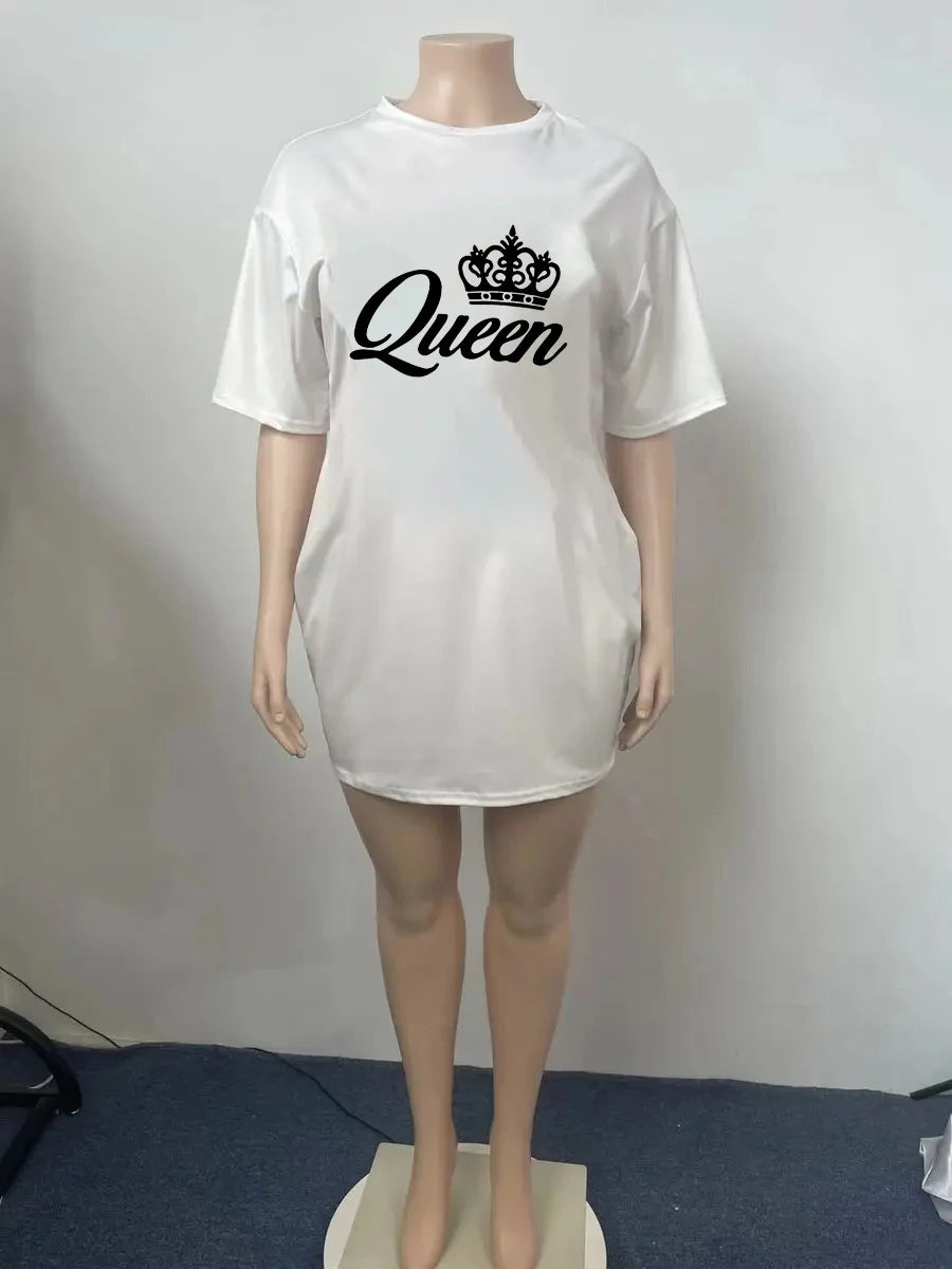 Women's Summer Casual Queen Print Loose Size Round Neck Short Sleeve T-shirt Dress