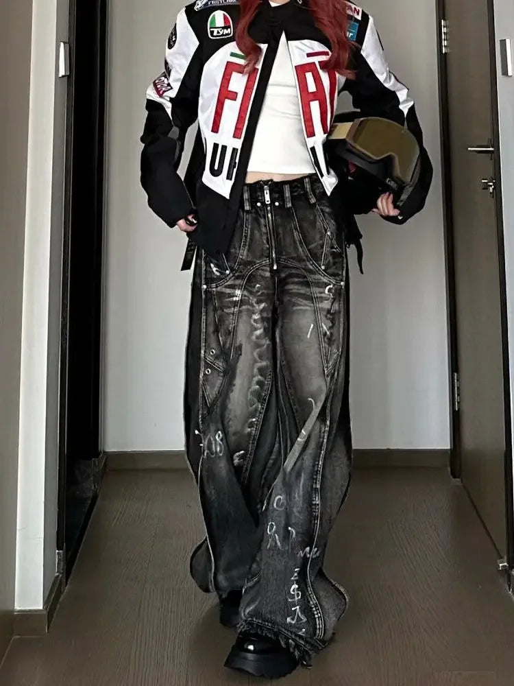 American Style Vintage Wide Leg Jeans For Men And Women Heavy Duty Ribbon Embellishment Hip Hop Sensibility Casual Pants
