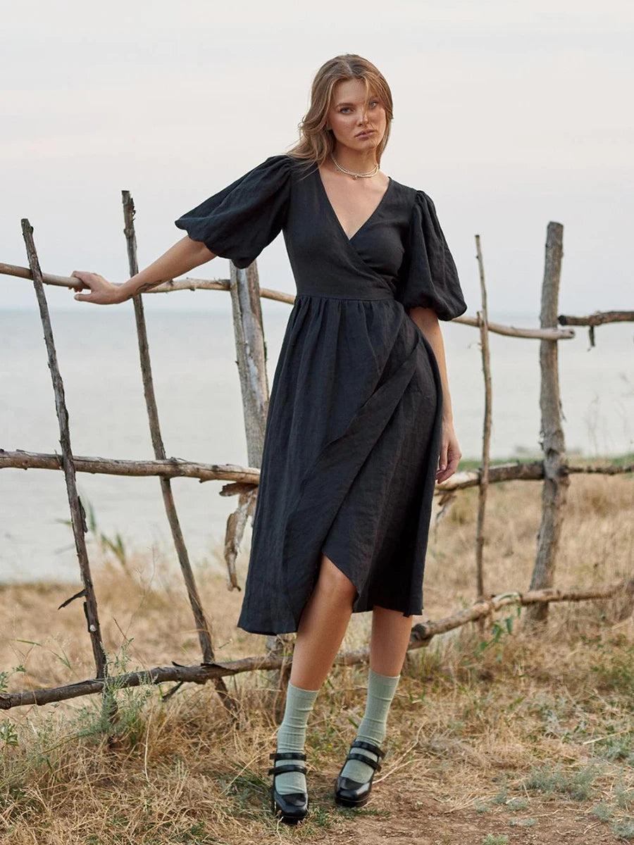 Bornladies 100% Cotton V-neck Waist Cinched Dress Unique Lantern Sleeve Sexy Slit Long Skirt Fashionable Women's Casual Dresses