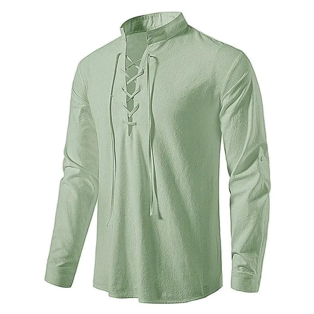 King Billion Men's Shirts Casual Men Cotton Linen Long Sleeve T-shirt Spring Autumn Vintage Shirt US Size Drawstring Neck