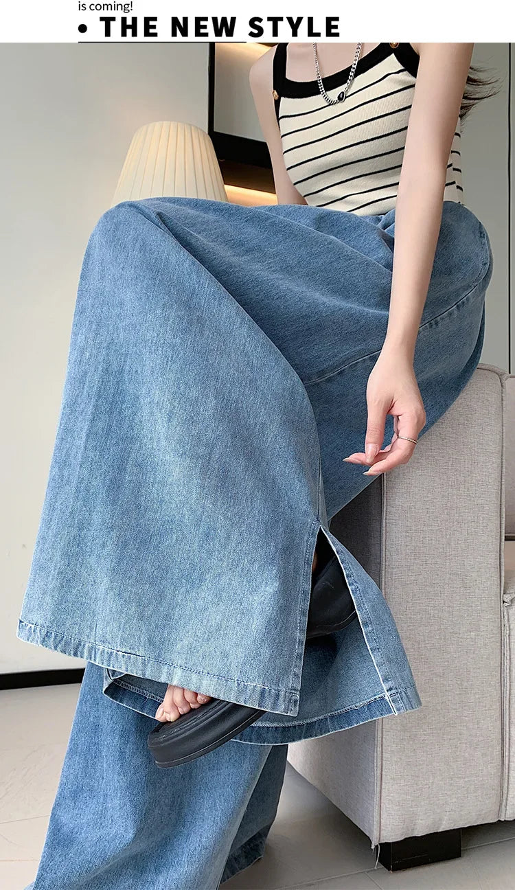 2024 Autumn New Loose-Fit Plus Size Women's Jeans Slimming Wide-Leg Ground-Length Simple Style Casual Ladies Pants