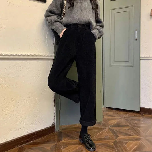 Vintage Corduroy Wide Leg Pants Women High Waist Pockets Baggy Trousers Streetwear Korean All Match Black Casual Straight Pants
