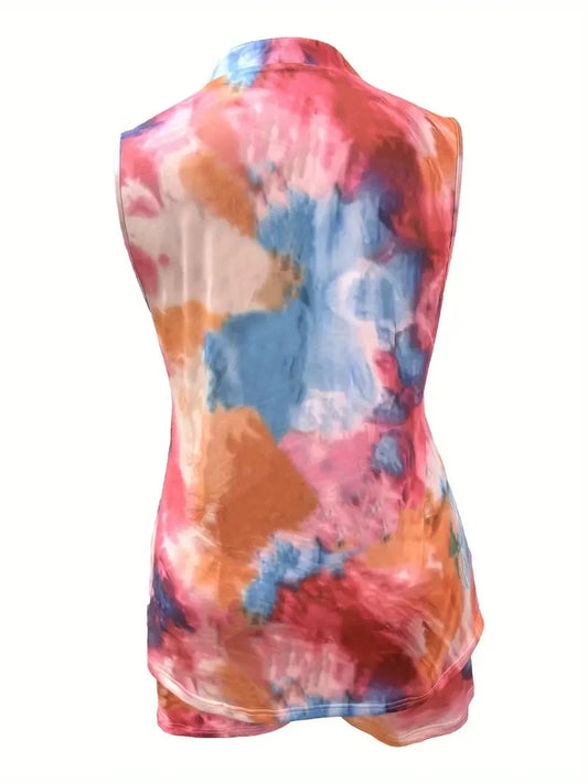 2024 Plus Size Tie Dye Print Two-piece Set V Neck Sleeveless Top & Shorts Outfits Women's Plus Size Clothing