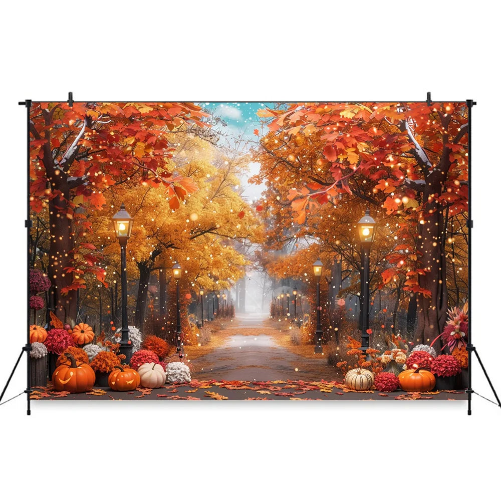 Autumn Photography Background Pumpkin Maple Leaves Street Light Backdrop Decor Family Kid Thanksgiving Day Birthday Photo Studio