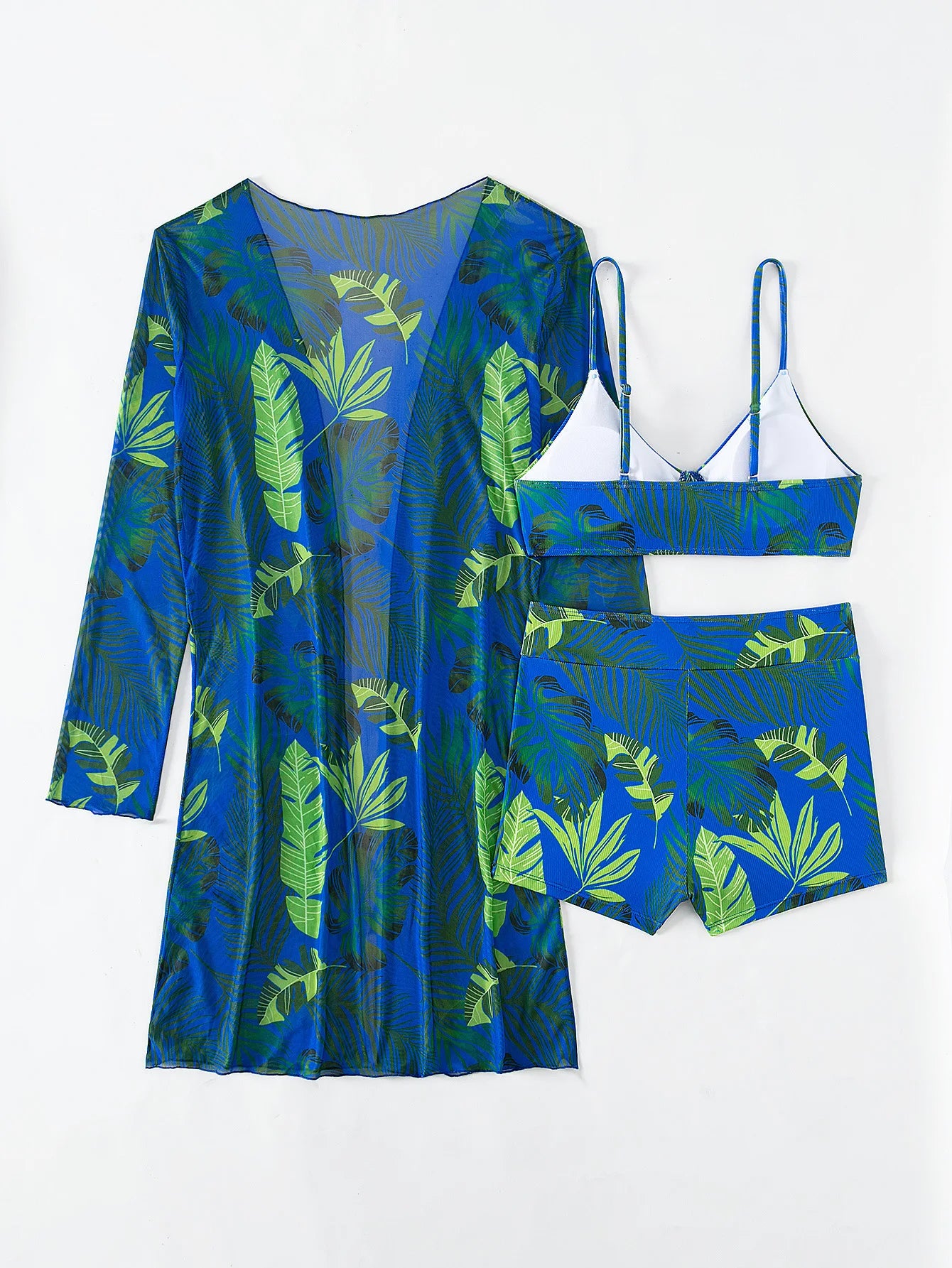 2025 New Women 3 Pieces Swimsuit Leaf Pattern Bikini Set+Long Sleeve Cover Up Tankini Beachwear Drawstring Swimwear Bathing Suit