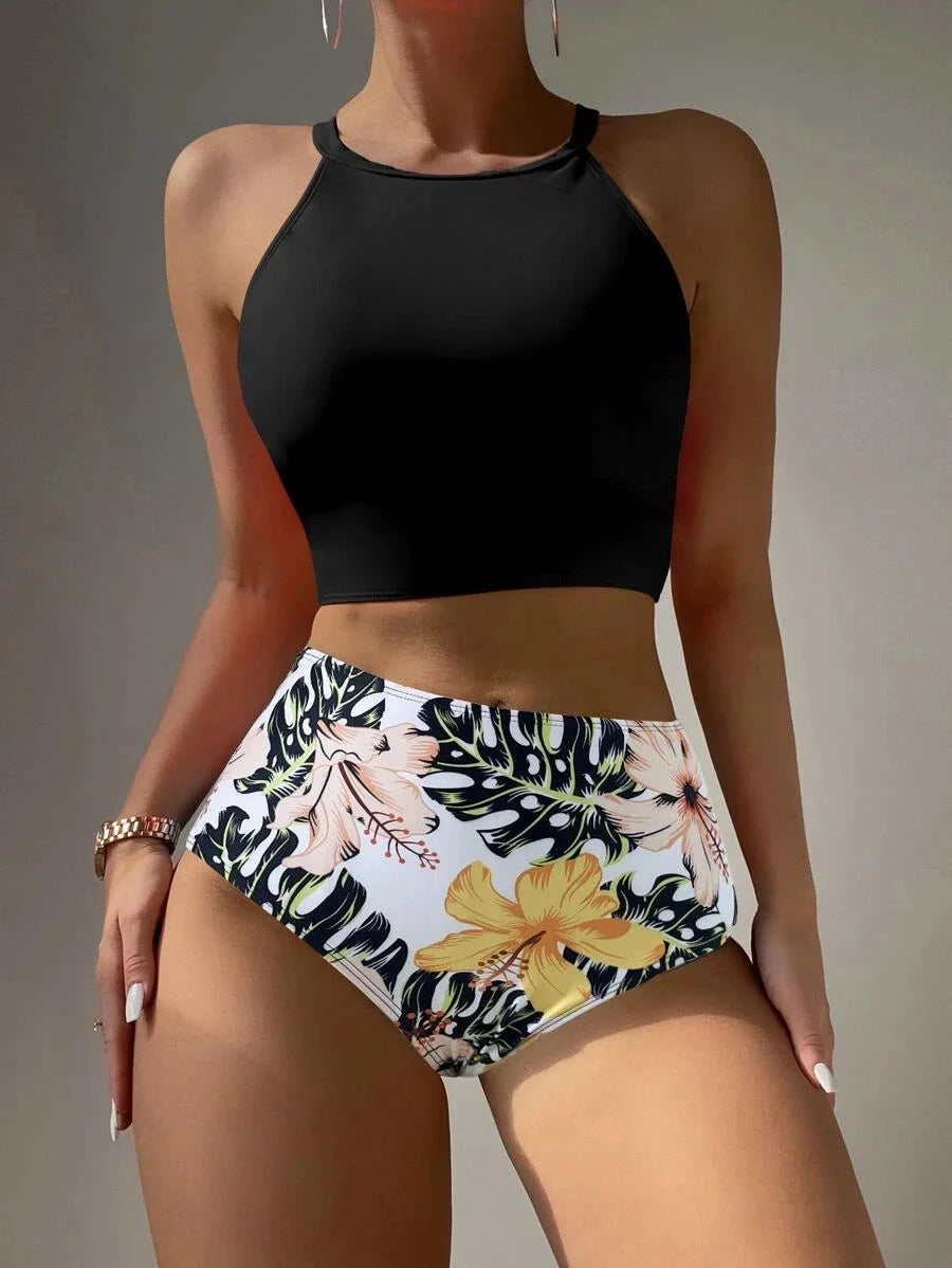 2025 High Waist Bikinis Women High Neck Swimsuit Floral Swimwear Female Bathers Bathing Swimming Suit Summer Beachwear