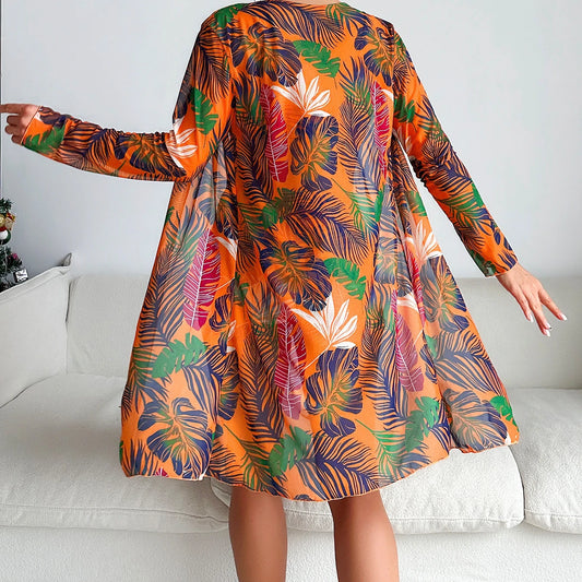 2025 New Women 3 Pieces Swimsuit Leaf Pattern Bikini Set+Long Sleeve Cover Up Tankini Beachwear Drawstring Swimwear Bathing Suit