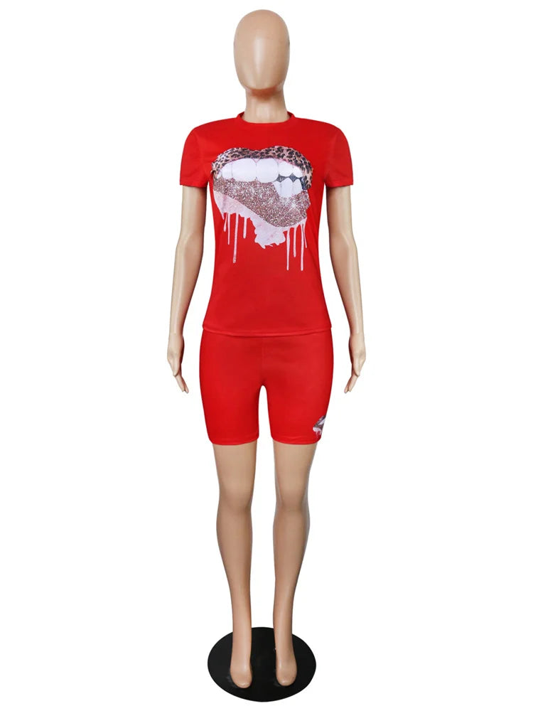 Wmstar Plus Size Two Piece Outfits for Women Tracksuit Shorts Sets Lip Print Top Casual New In Matching Wholesale Dropshipping