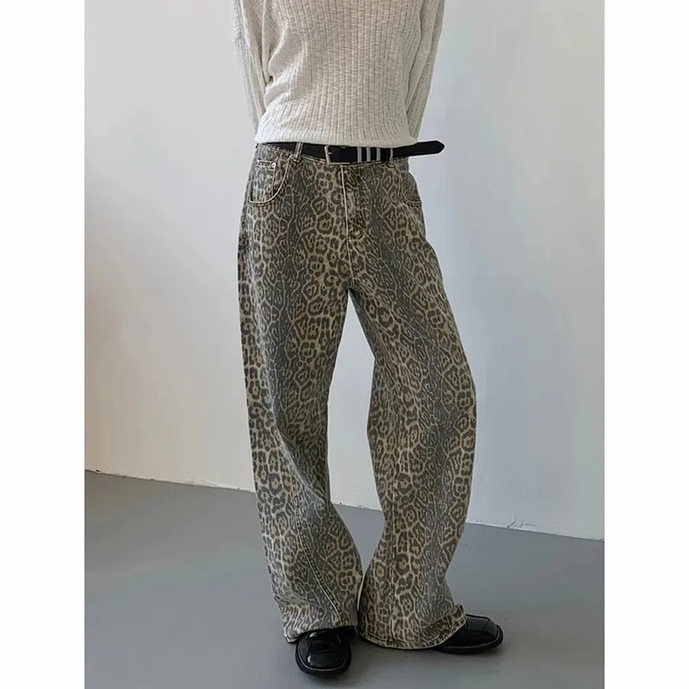 Women's Jeans Leopard High Waist Hip Hop Straight Fashion Pants Streetwear Harajuku Y2K Style Female Wide Leg Denim Trousers