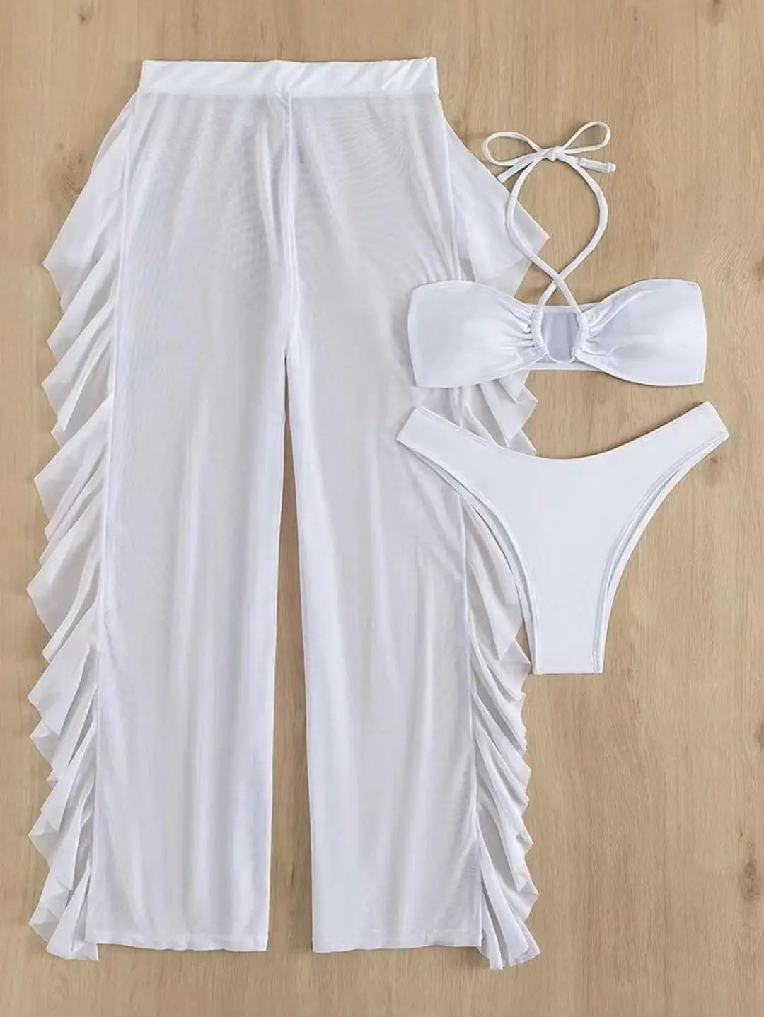 Bikini And Cover Up Set Plain Criss Cross Halter With Ruffle Pants Bandeau Swimsuit Women 2024 Black/White Swimwear Bathing Suit