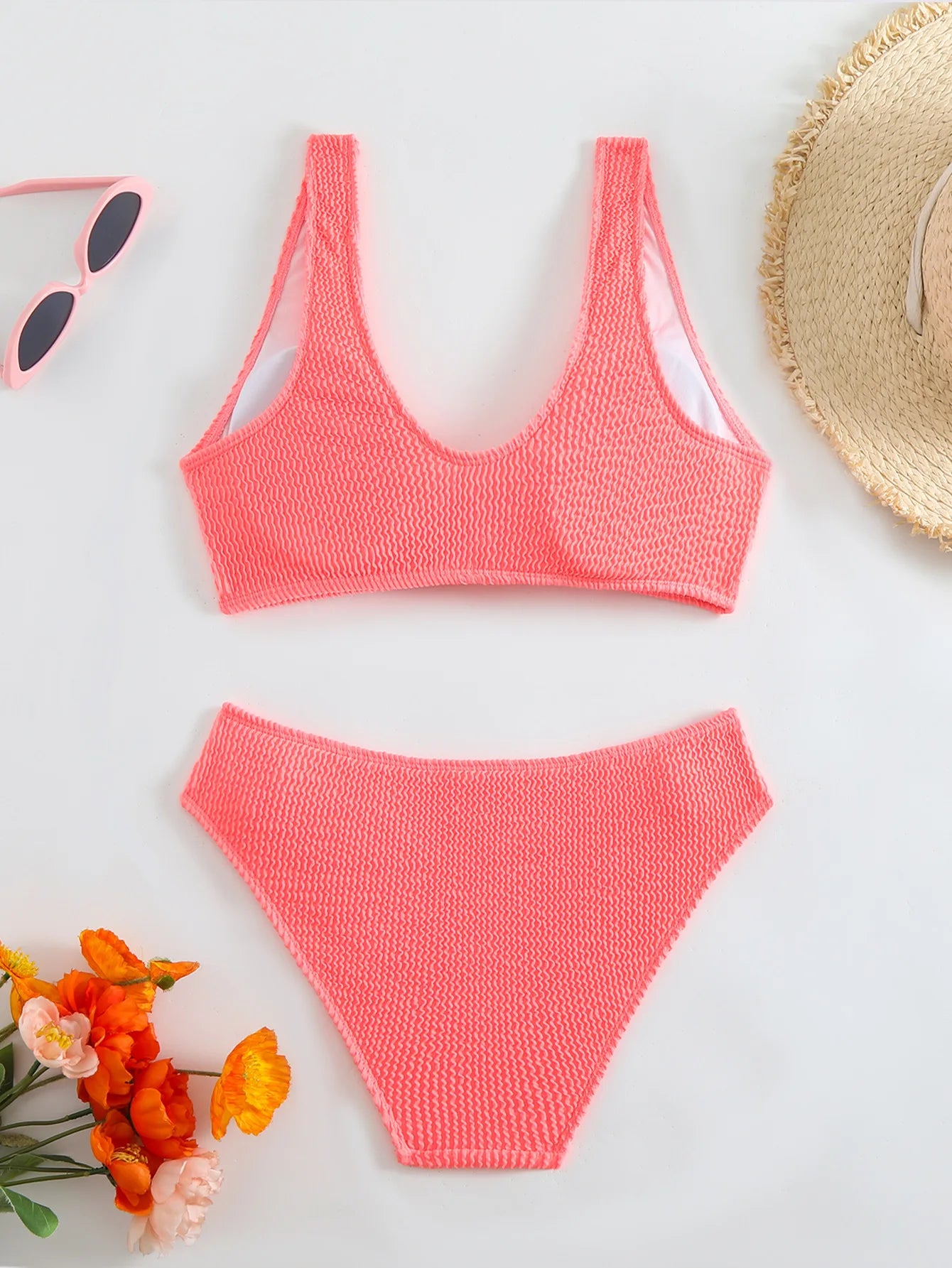 2025 Summer New Women's 2 Piece Swimsuit Solid Color High Waist Bikini Set V-neck Backless Beach Vacation Bathing Suit Swimwear