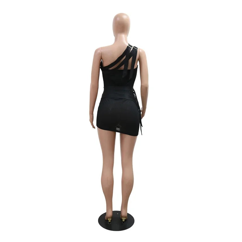 Summer Women Sleeveless Perspective Bodycon Sexy Night Club Mini Dress Inclined Collar Sashes Irregular Party Dress Black White