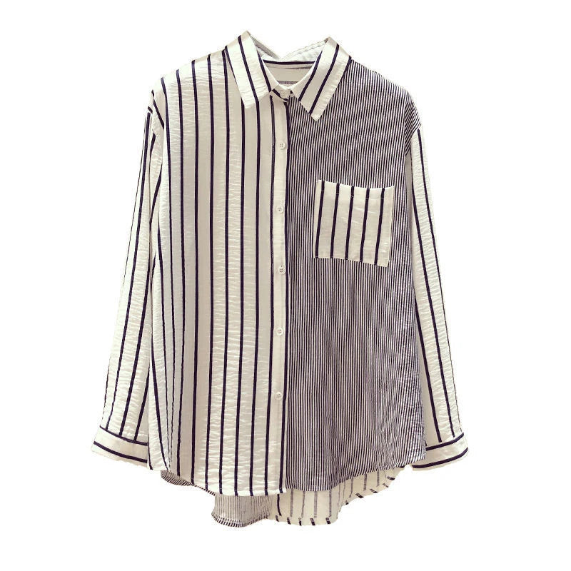 2025 Korean Summer Thin Trendy Striped Women's Shirt & Blouses Patchwork Pocket Loose Casual Office Lady Shirt Sweet Women's Top