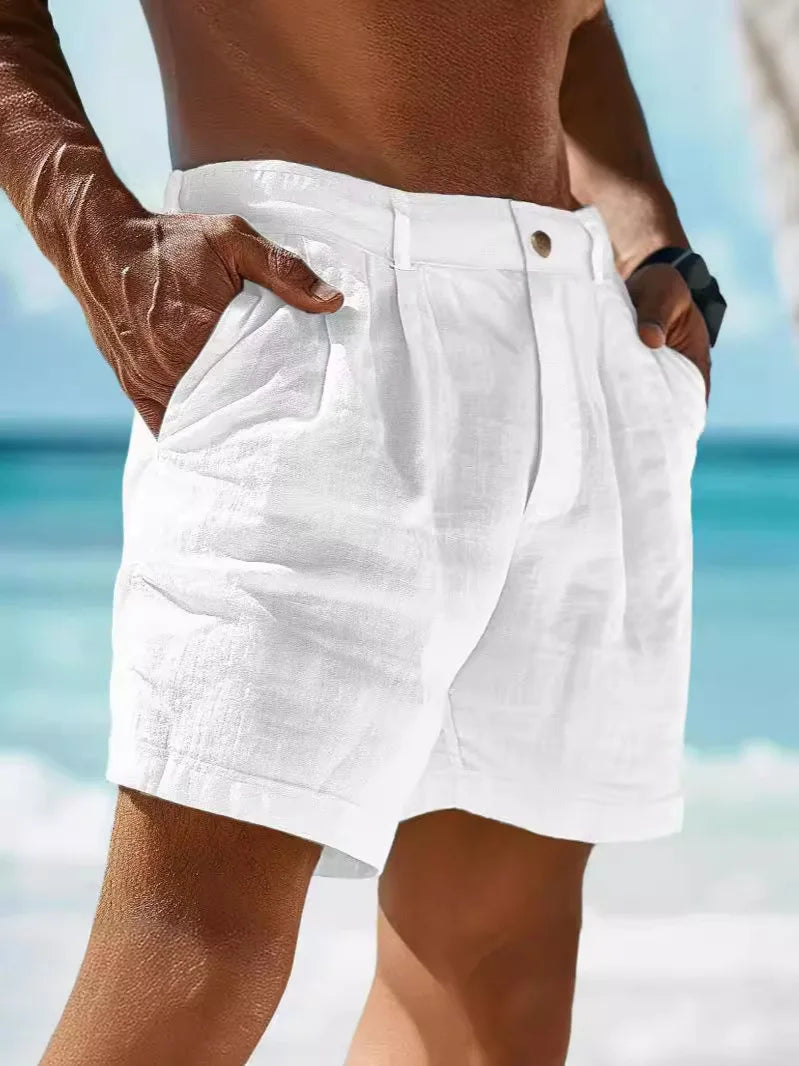 2025 Summer Cotton Linen Shorts for Men Solid Casual Button Pocket Beach Shorts Men's Comfortable Simple Vacation Leiture Pants
