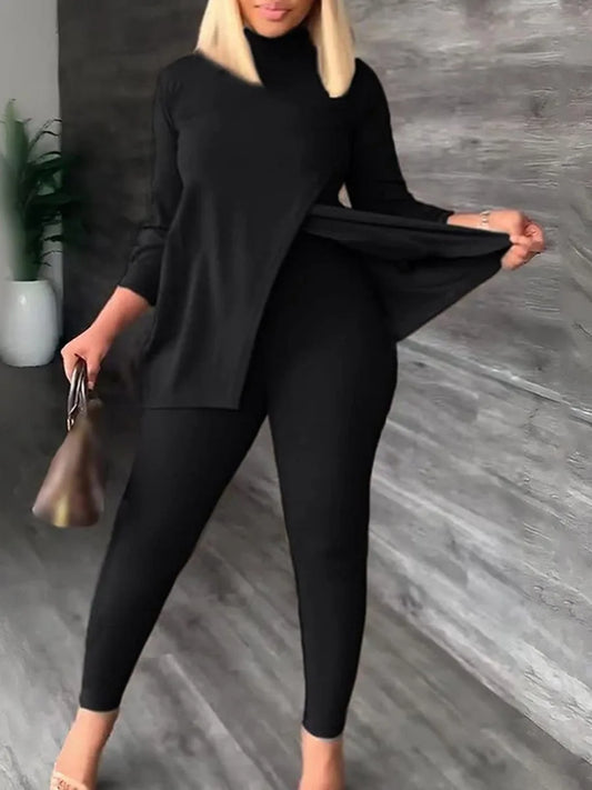 4XL 5XL LW Plus Size Turtleneck Split Pants Set Spring 2pcs Solid Color Loose Casual Slim Pants Female Two Piece Set Outfits