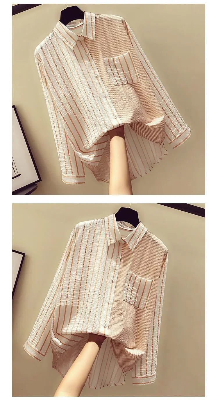 2025 Korean Summer Thin Trendy Striped Women's Shirt & Blouses Patchwork Pocket Loose Casual Office Lady Shirt Sweet Women's Top