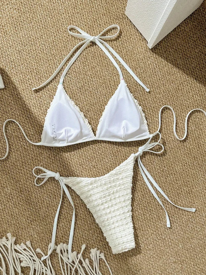2025 Swimsuit New Pure White Sexy Bikini Fashion Small Fresh Bikini Women's Split Swimsuit With Halterneck