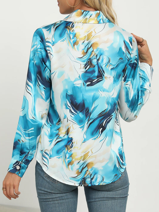 Women's Elegant Marble Print Long Sleeve Work Shirt Spring & Summer Long Sleeve Tops