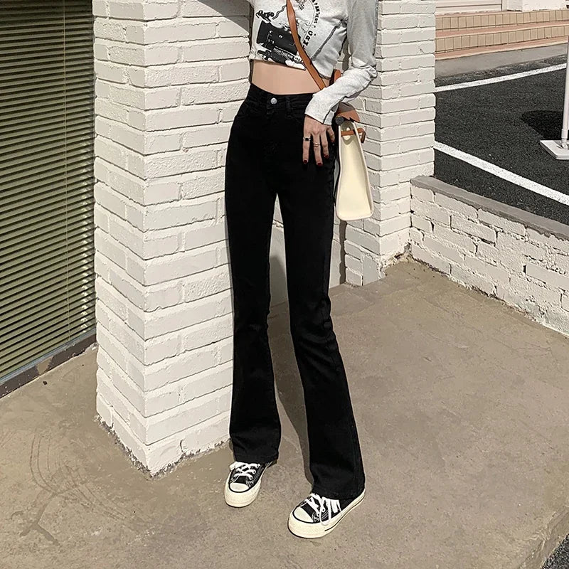 Woman American High Waist Slim Fit Bell Bottom Jeans Female Fashion Y2k Flare Pants Girls Elastic Designer Black Denim Trousers