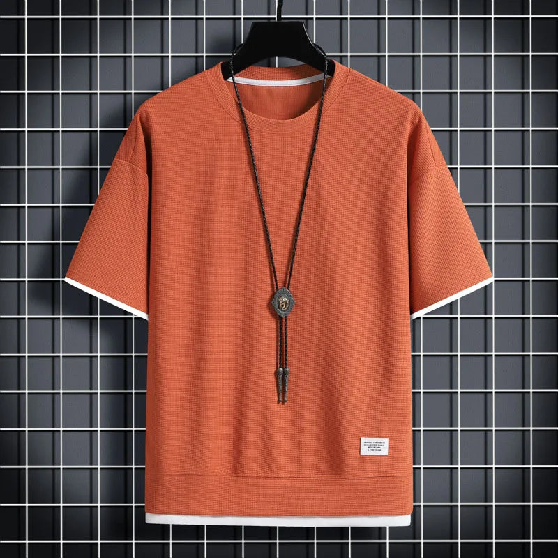 1pcs Men Summer T-Shirt Man Short Sleeved Waffle Solid T-Shirt Male Solid Color Casual Tee Round Men's Round Neck Fashion Top