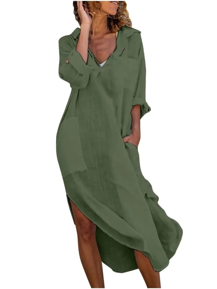 Autumn New Solid Color Cotton Linen Long DressV-neck Button Slit Pockets Loose Breathable Casual Temperament Elegant Shirt Dress