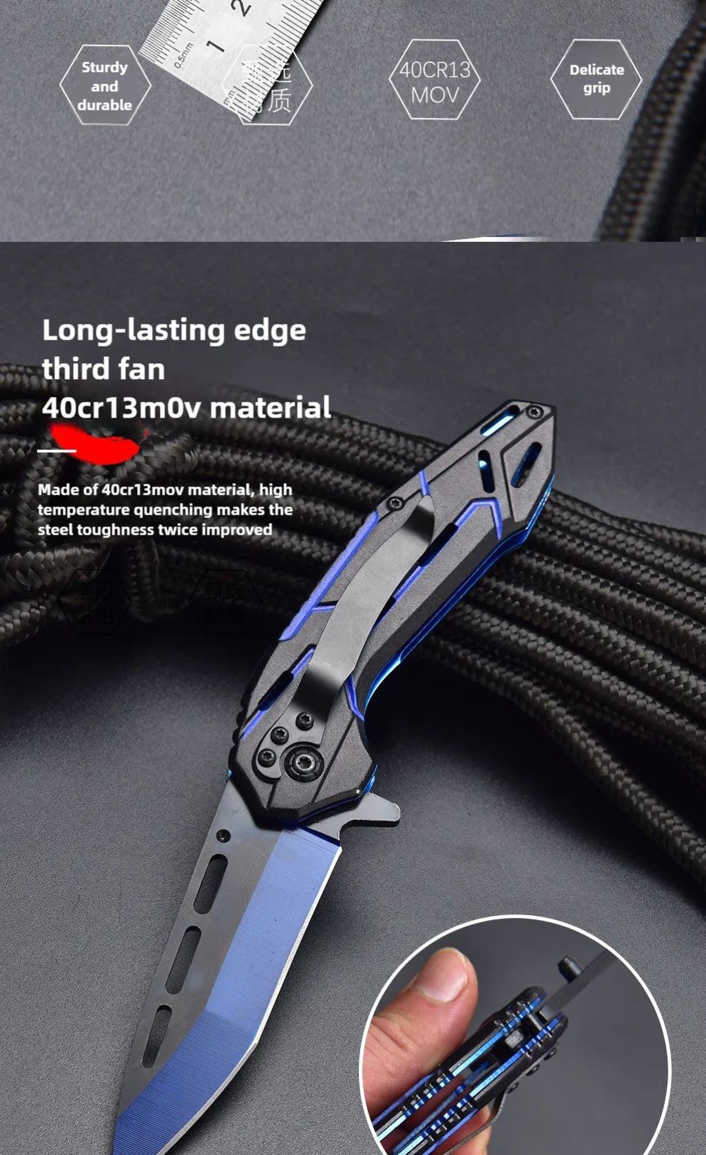All steel portable folding knife, fruit knife, multifunctional outdoor tactical camping survival knife, hunting tool knife