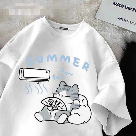 Summer Japanese Cartoon Cute Cat Fun Print Short Sleeve T-shirt Women's Loose Casual Half Sleeve Soft Bottom Plus Size Shirt Top