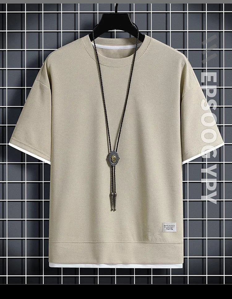 1pcs Men Summer T-Shirt Man Short Sleeved Waffle Solid T-Shirt Male Solid Color Casual Tee Round Men's Round Neck Fashion Top
