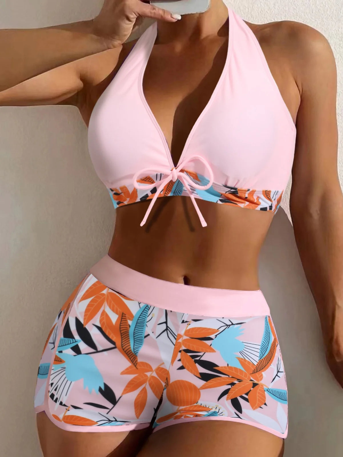 2Pcs/Set Bikinis Set Bowknot Decor Floral Print Bikini Backless Halter Bra High Waist Beachwear Female Beach Clothing