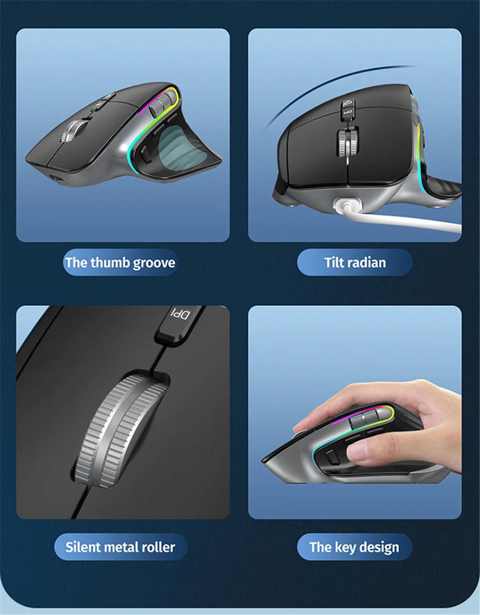 2.4G Wireless Mouse Bluetooth RGB Rechargeable Ergonomic Design Computer Mice For Computer Gaming Office