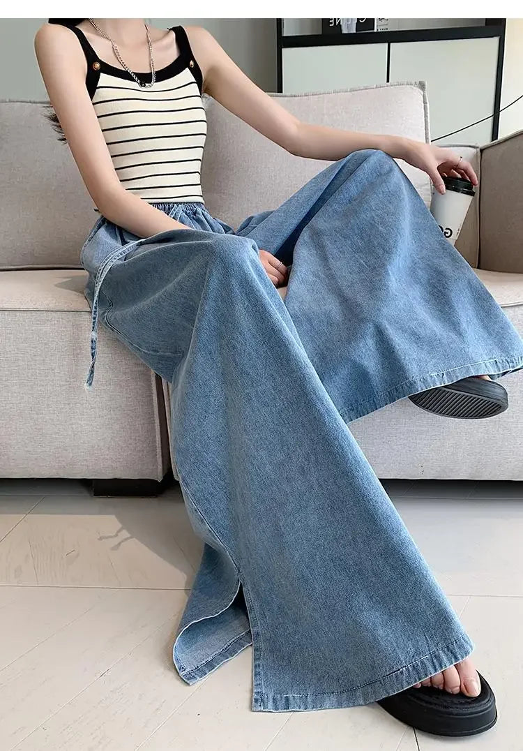 2024 Autumn New Loose-Fit Plus Size Women's Jeans Slimming Wide-Leg Ground-Length Simple Style Casual Ladies Pants