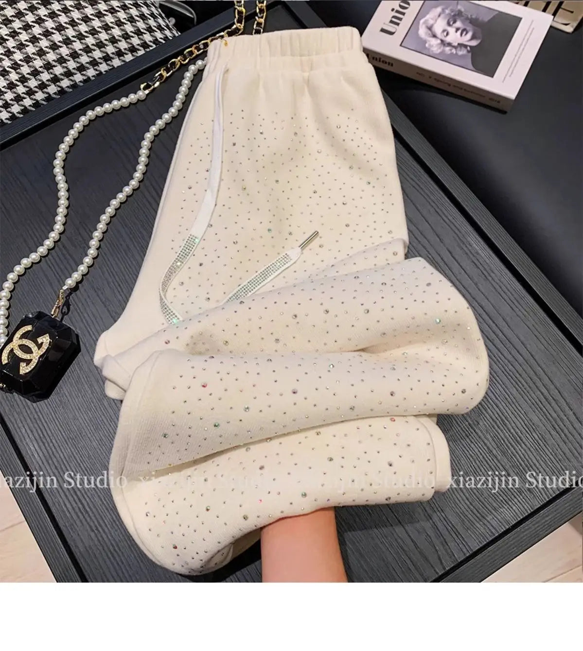 Autumn Winter Women White Rhinestone Velvet Wide Leg Pants Fashion Thickened Straight Loose Casual Trousers Streetwear Women