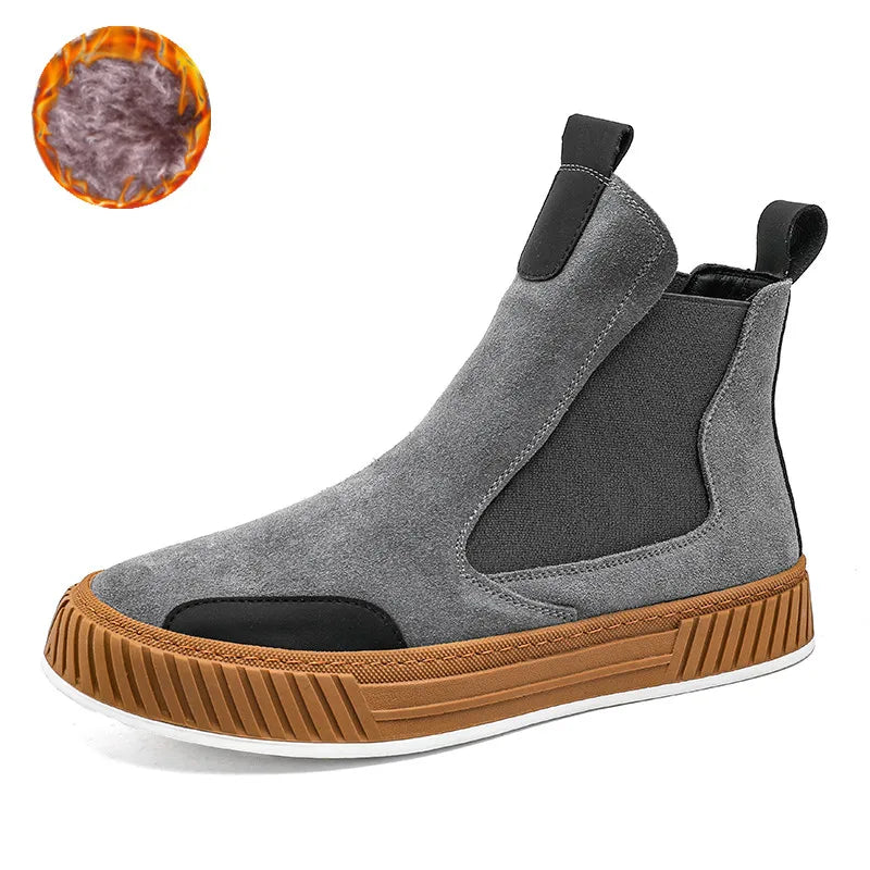 Autumn Winter Warm Plush Casual High top Men Shoes Designer Chelsea Suede Shoes Men Fashion Punk Style Platform Male Boots Snow