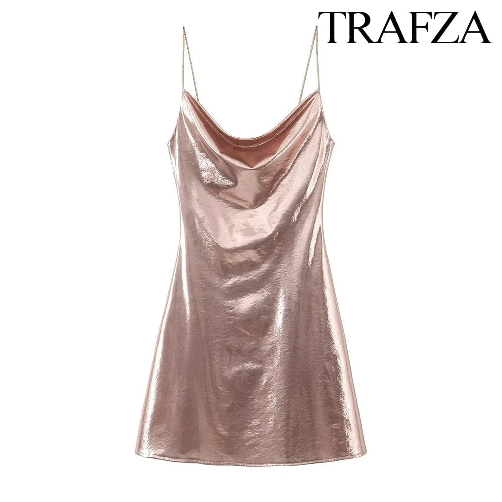 TRAF Women's Metallic Colour Glitter Dress Sexy Backless Sleeveless Spaghetti Strap Dresses Party Bar Sleeveless Short Dresses