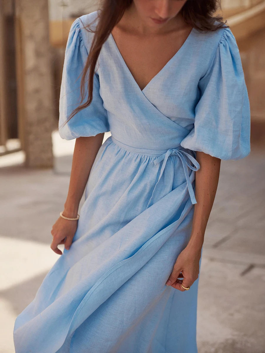 Bornladies 100% Cotton V-neck Waist Cinched Dress Unique Lantern Sleeve Sexy Slit Long Skirt Fashionable Women's Casual Dresses