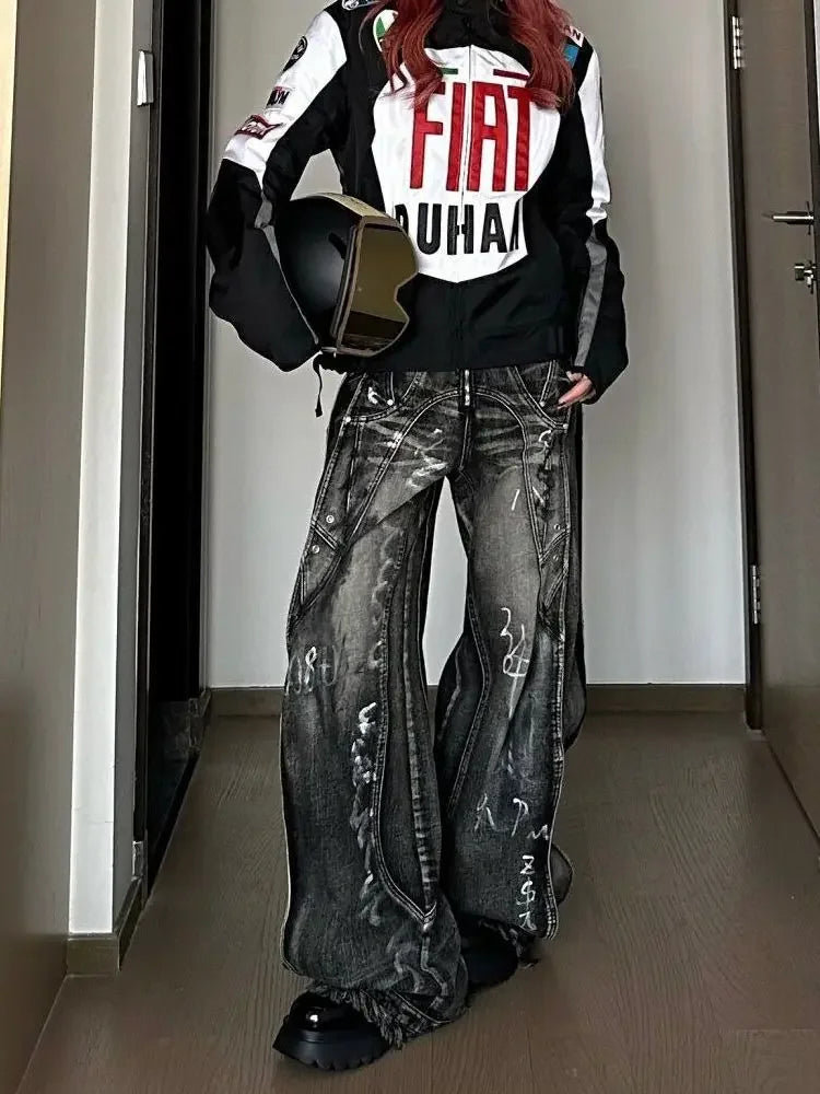 American Style Vintage Wide Leg Jeans For Men And Women Heavy Duty Ribbon Embellishment Hip Hop Sensibility Casual Pants