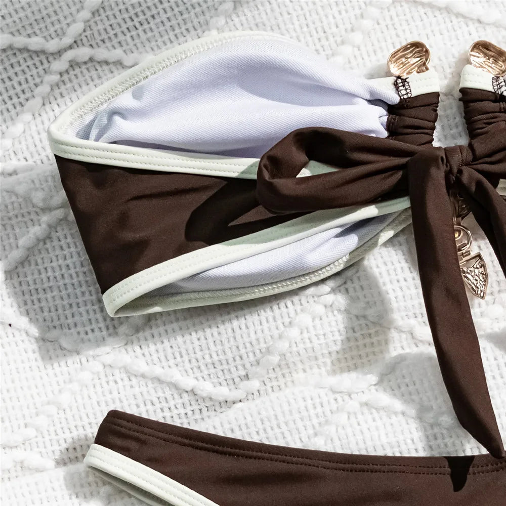 Brown Bandeau Bikinis Sets 2025 Sexy Swimsuit Women Contrast Color Swimwear Metal Buckle High Cut Bathing Suit Bikinis De Mujer