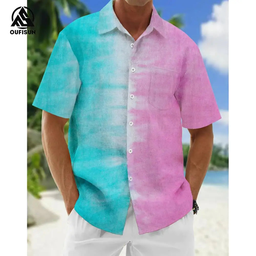 2024 Casual Men's Shirts Summer Clothing Gradient Graphics Apparel Vacation Seaside Oversized Short Sleeve Tops For Male