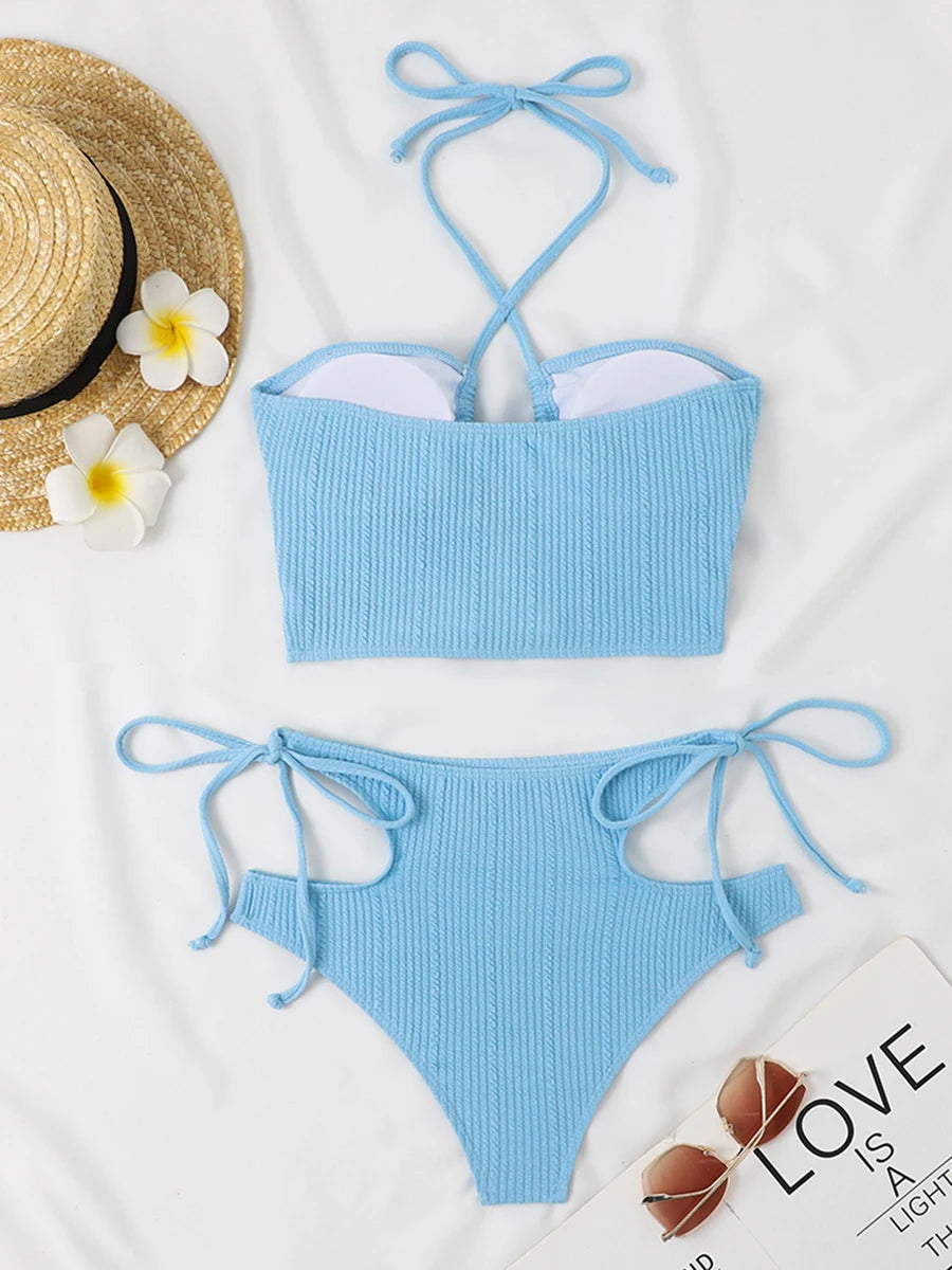 2025 Sexy High Wasited Swimsuit Women Solid Bikini Hollow Out Cross Swimwear Female Bathers Bathing Swimming Swim Suit Beachwear
