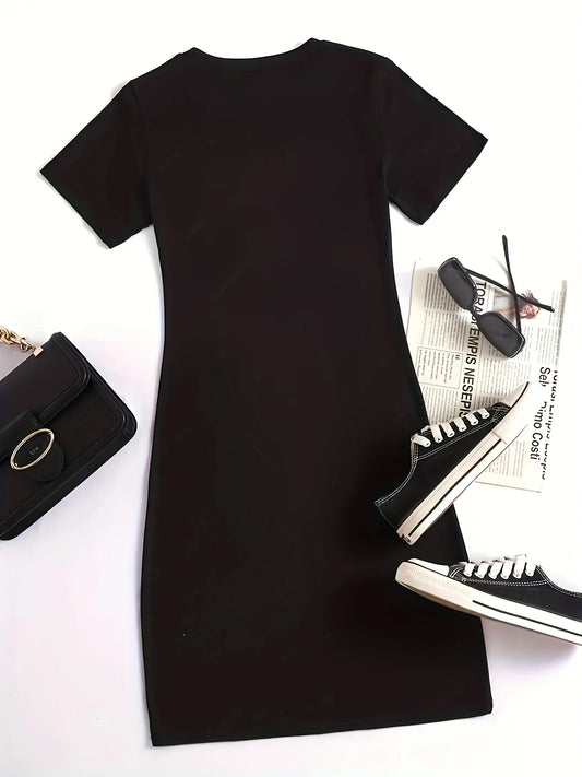 Summer new women's MILANO ITALY letter pattern cartoon print casual slim fit sexy short sleeved round neck T-shirt mini dress