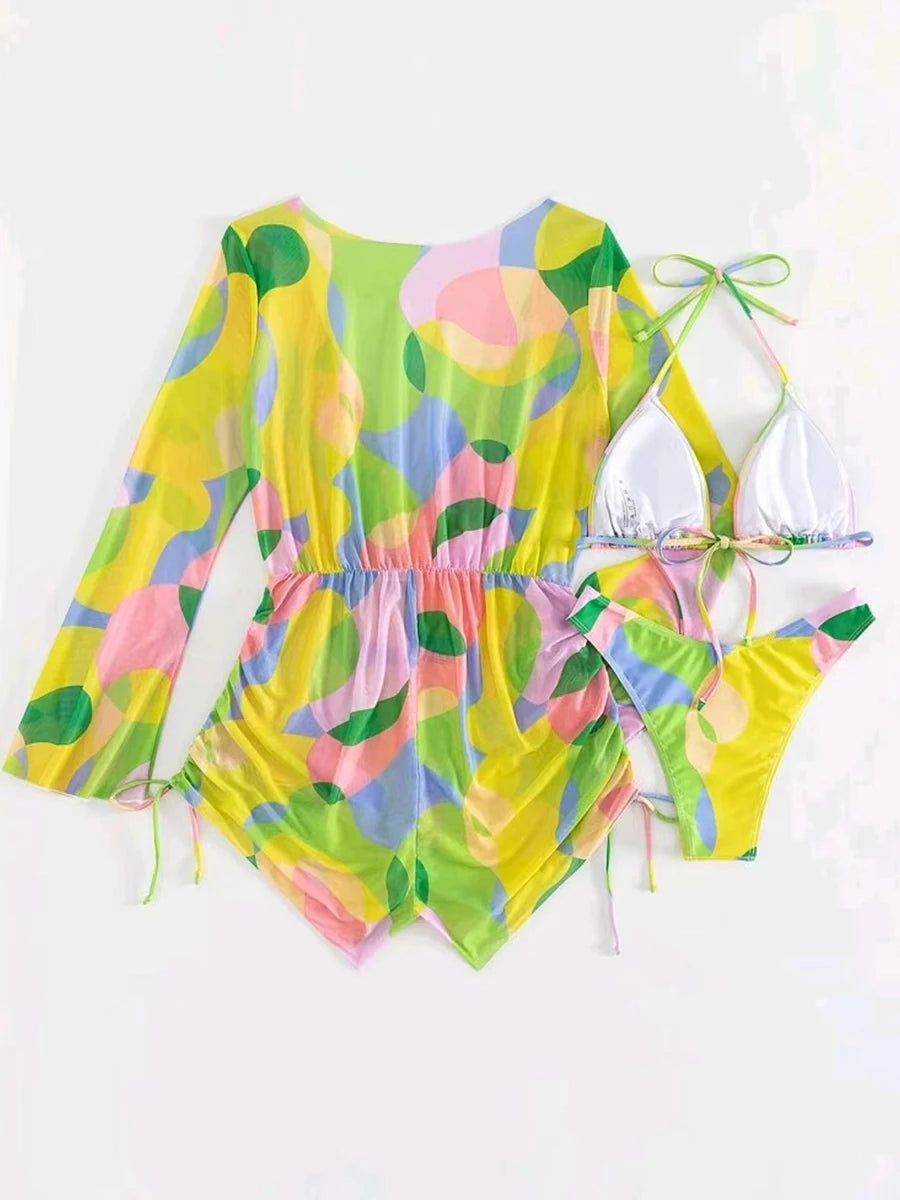 3 Pieces Triangle Halter String Bikini Long Sleeve Swimsuit Women Swimwear Female Bathers Bathing Swimming Swim Suit
