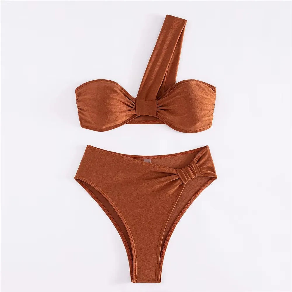 Brown One Shoulder Bikini High Waist Sexy Swimsuit Women 2025 Solid Swimwears Bathing Suit Bandeau Bikinis Sets De Mujer Biquini