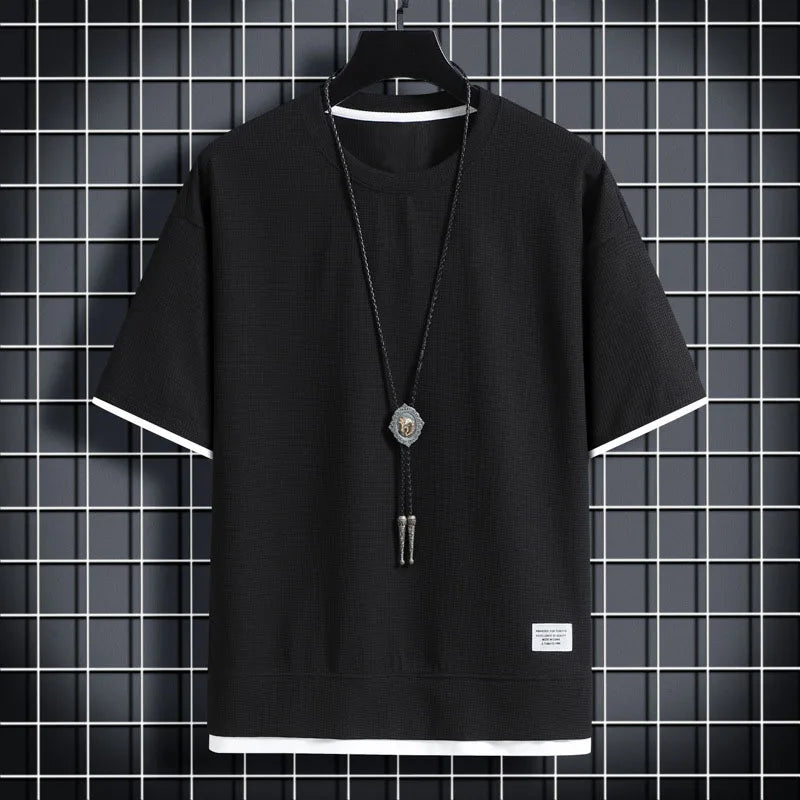 1pcs Men Summer T-Shirt Man Short Sleeved Waffle Solid T-Shirt Male Solid Color Casual Tee Round Men's Round Neck Fashion Top