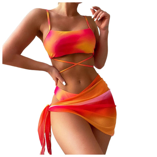 2024 new tie-dye Lace up Split Swimsuit Beach Bikinis Set Sexy Backless top Hipster Bottom and Cover Up dress 3 Pieces Swimsuit