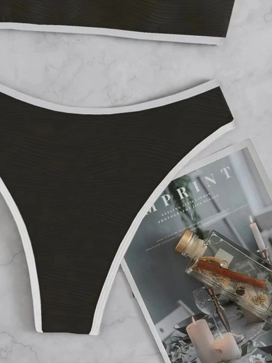 2023 Women Sexy Thong Swimsuit Push Up Swimwear Contrast Binding Bandeau Bikinis Female Bathing Suit Swimming Summer Beachwear