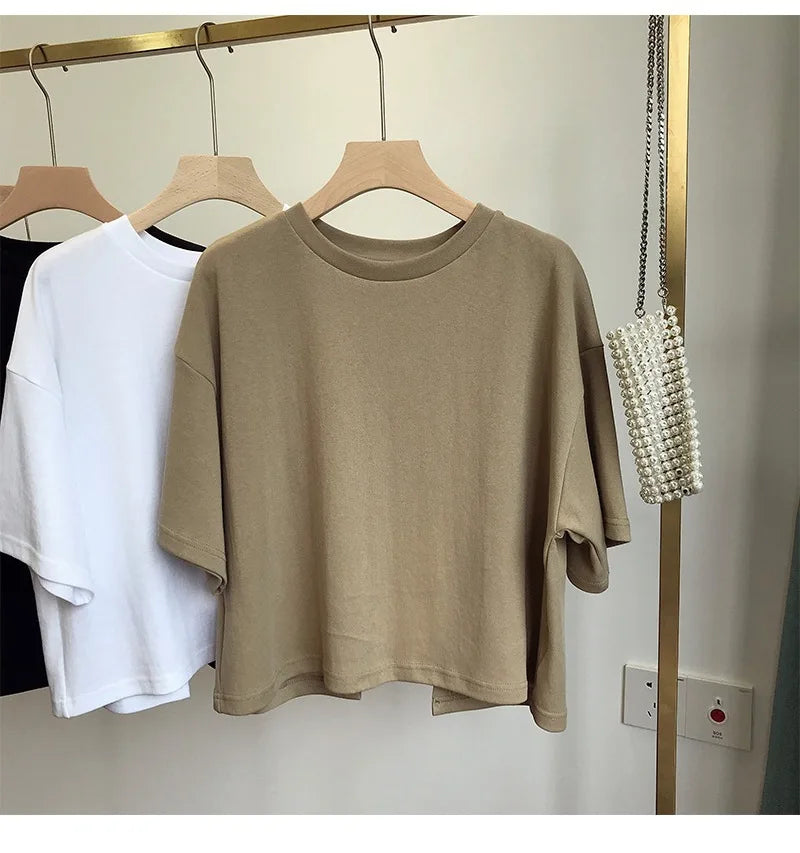 Summer New Ladies Casual Backless T-Shirt 2023 Korean Women Round Neck Loose Sweet Spicy Wind Short-Sleeved Crop Tops