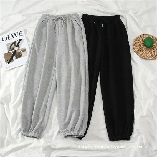 Women's Autumn Winter Casual Sports Loose Slimming Versatile Fleece-lined Outerwear Straight-leg Cuffed Pants Carrot Sweatpants